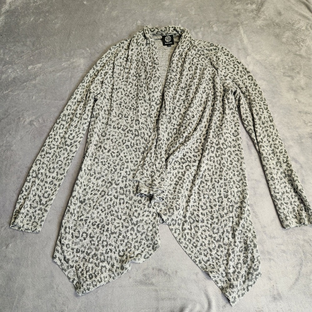 Bobeau Leopard Print Cardigan XL Womens Gray Open Front Draped Waterfall Sweater